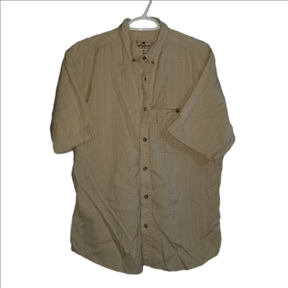 Woolrich Short Sleeve Textured Cotton Button Down Beige Label Reads Size Medium